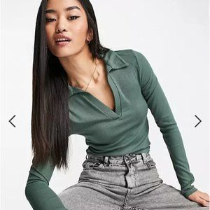 ASOS Stradivarius long sleeved polo in dark khaki